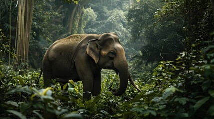 Elephant Grazing in Dense Tropical Jungle