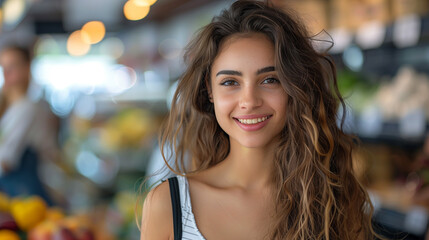Fototapeta premium Beautiful Egyptian Girl Smiling At Camera In Grocery Store Near Fruit Aisle, Wearing Casual Attire, Blurred Background, Candid Portrait, Happy, Fresh Produce, Natural Light, Modern Lifestyle