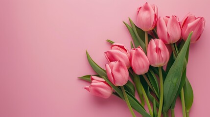 Mother s Day floral arrangement Pink tulip bouquet on pastel background Mockup with space Top down view