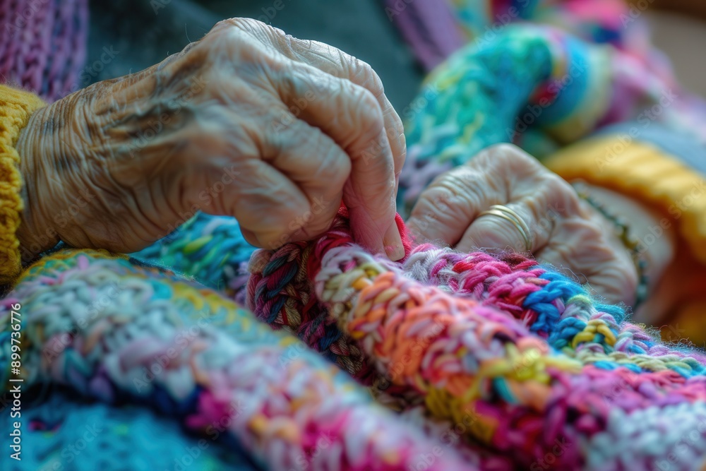 Poster Elderly participants are focused on knitting colorful items, enjoying a craft session in a friendly and supportive learning atmosphere. Generative AI