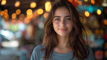 Obraz premium Young Adult Beautiful Greek Girl Smiling At Camera In Cafe, Wearing Casual Attire, Blurred Background with Bokeh Lights, Candid Portrait, Happy, Modern Lifestyle