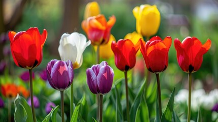 Fototapeta premium Red tulips with fully bloomed yellow white and purple centers