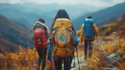 Three hikers enjoy a scenic mountain trail, surrounded by autumn foliage and breathtaking views, showcasing adventure in nature.