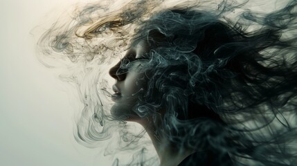 Fototapeta premium An abstract portrait of a woman with smoky effects swirling around her head. The ethereal and mysterious composition, featuring muted colors and fluid lines, creates a captivating and artistic image