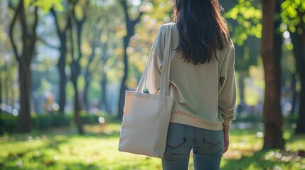 A fashionable woman standing in a park, wearing casual clothes and a blank tote bag over her shoulder, with the background slightly blurred to focus on the bag.