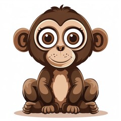 Fototapeta premium A cute, stylized cartoon of a monkey with large ears sitting on the ground with hands on knees, facing forward.