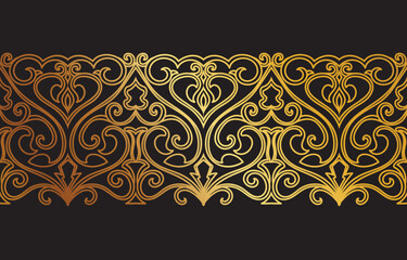 Golden Opulence: A seamless vector pattern of ornate golden arabesques against a luxurious black background, perfect for elegant designs. 