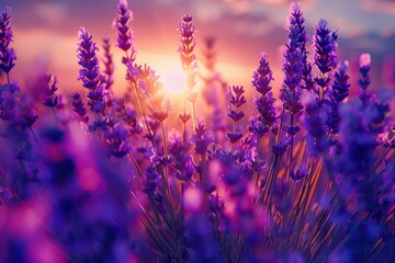 Gracefully moving organic lavender flowers in the twilight breeze at dusk. Fields of european lavender. Blooming fragrant purple lavender plants as the sun sets