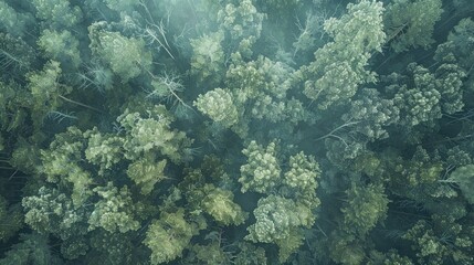 Fototapeta premium Forest treetop view in panoramic natural setting with day sunlight and mystical ambiance