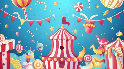 A colorful circus illustration features a big tent with candy, flags, and a cat, creating a festive and inviting atmosphere full of joy and excitement.