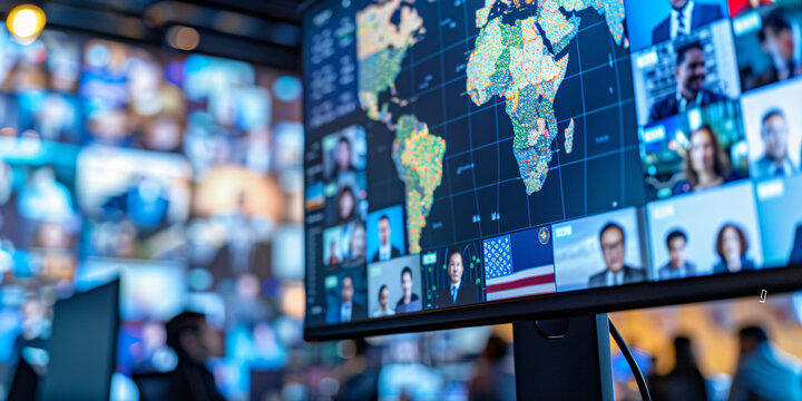 A close-up of a large monitor displaying a video conference with a world map background, symbolizing global communication and collaboration.