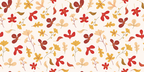 Pattern of autumn leaves and flowers. Seamless vector background. Nature, autumn season, doodle. Flat repeating background for wallpaper, packaging, textile.