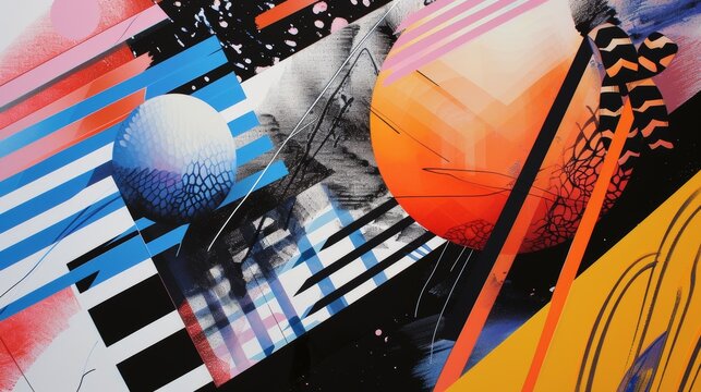 An eye-catching abstract artwork featuring geometric shapes and vibrant colors. The dynamic composition and bold design create a visually stimulating piece that captivates the viewer's attention.