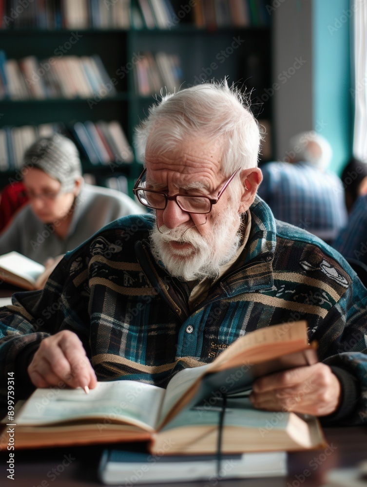Leinwandbilder Several elderly people are studying foreign languages using textbooks and dictionaries in a cozy community center. Generative AI