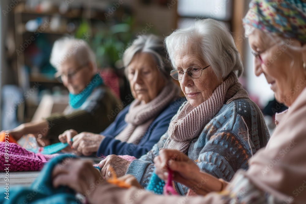 Poster elderly individuals participate in a crafting session, focusing on knitting and sewing, fostering cr