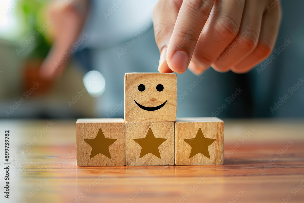 Wall mural hand giving a five star customer service review with a smiley face on a wooden block, happy and sad 