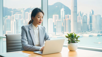 Fototapeta premium Professional woman working on a laptop in a modern office with a city skyline view.