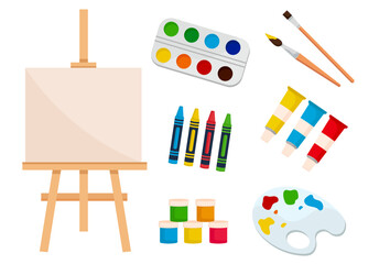 Various of essential painting tools and supply. Artist materials. Vector illustration with easel, paints, brushes, palette and crayons. Isolated elements on white background