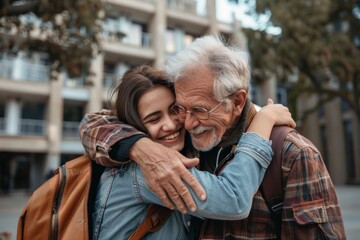 Heartfelt Farewell: Parents Embracing Student Outside College Dorm in Emotional Goodbye Scene.