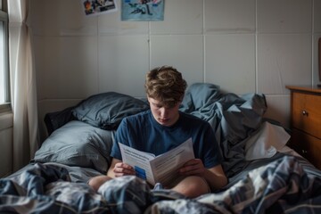 Young student reading college welcome packet on new dorm bed in realistic setting