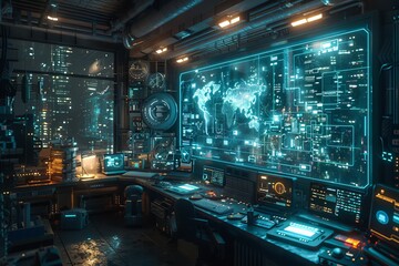 Obraz premium Scientists in a cutting-edge laboratory, holographic displays, innovative equipment. Generative AI