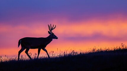 Naklejka premium Idaho Wildlife. Silhouette of a Whitetail Buck Walking at Sunset with Majestic Antlers