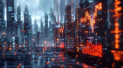 A futuristic 3D illustration of a city skyline with digital screens displaying investment-related information, symbolizing the integration of technology in finance.