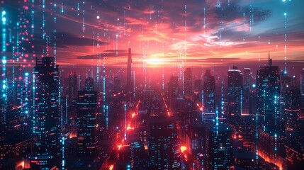 Obraz premium A futuristic 3D illustration of a city skyline with holographic screens displaying data and information, representing advanced technological solutions.