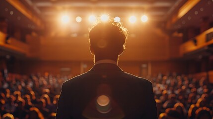 Business Leader Presenting Annual Report to Shareholders in Grand Conference Hall
