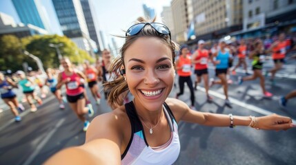 young smiling female marathon runner running and taking selfie with other participants in the background