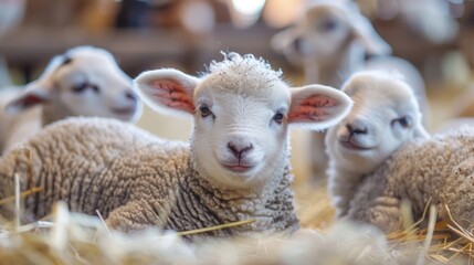 Naklejka premium Adorable lambs resting on a bed of hay in a barn, showcasing their fluffy wool and innocent expressions.