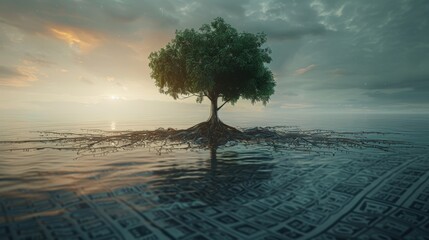 A conceptual 3D illustration of a money tree with roots deep in a budget spreadsheet, illustrating the importance of a solid financial foundation.