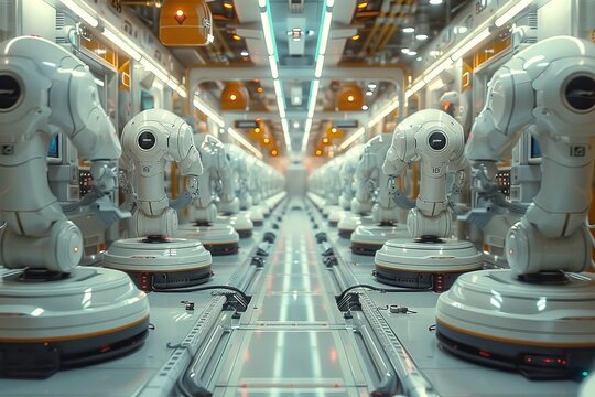 Empty smart factory, robotic arms, automated processes, futuristic design. Generative AI