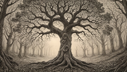 Creepy Oak Tree In The Forest