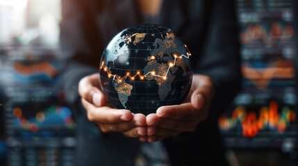 Fototapeta premium Hands holding a glowing digital globe, representing global connectivity and technology, with data charts in the background.