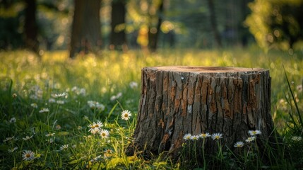 Serene forest scene featuring a tree stump surrounded by lush greenery and wildflowers, illuminated by gentle sunlight.
