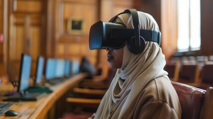 Woman wearing virtual reality headset in a computer lab setting, engaging with immersive technology for educational purposes.