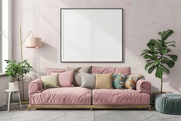 Horizontal Frame in Living Room Wall. Poster Mockup in Empty Interior with Pink Sofa and Pastel Pillows