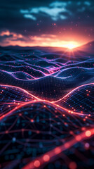 A digital landscape with abstract shapes and glowing lines representing the flow of data, highlighting the constant battle between cybersecurity professionals and cybercriminals 