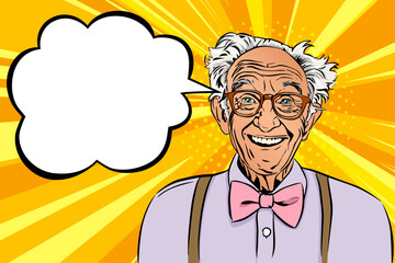 PrintHappy smiling an old manwearing lilac shirt with suspenders, bow tie and glasses, portrait with speech bubble drawing in comic pop art style, vector illustration