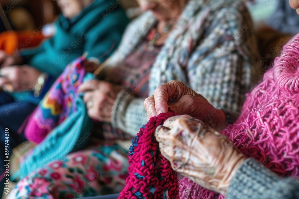 Poster elderly participants engage in knitting and sewing, sharing skills and enjoying creativity in a warm