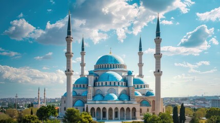 Naklejka premium Mosque in Adana, Turkey: Architectural Marvel with Blue Dome and Minaret