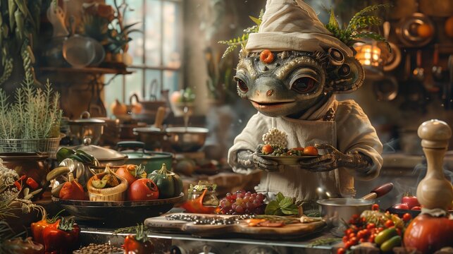 Half-human creature with anthropomorphic traits cooking in a whimsical kitchen, showcasing imagination and culinary arts