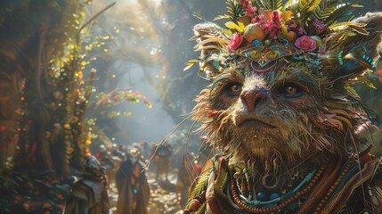Naklejka premium Half-human creature with anthropomorphic features participating in a magical festival, showcasing celebration and fantasy