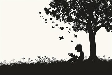 Silhouette of a child reading a book under a tree, imagination and learning