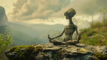 Anthropomorphic half-human creature practicing yoga in a serene landscape, highlighting peace and imagination