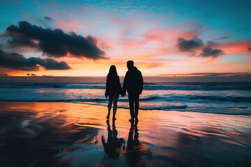 Fototapeta premium Silhouette of a couple standing on the beach, holding hands while watching a colorful sunset over the horizon. Romantic and serene moment.