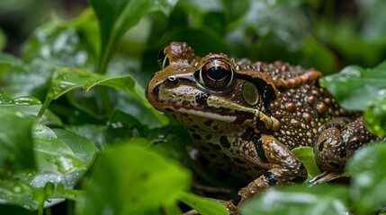 Obraz premium A frog is sitting in the middle of a green leafy plant. The frog is green and has yellow eyes