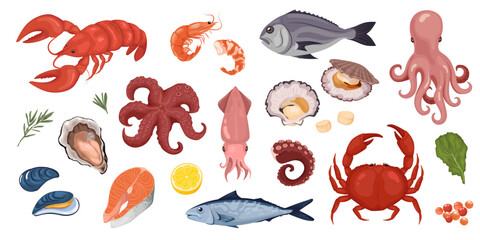 Naklejka premium Cartoon set ocean seafood.