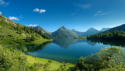 Fototapeta premium Serene Lake and Majestic Green Mountains